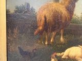 a painting of a sheep and chickens in a field