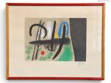 painting of a painting of a cat and a bird in a red frame