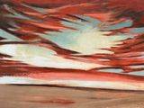 une peinture à l'huile représentant un ciel rouge avec des nuages blancs en arrière-plan