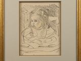drawing of a young girl sitting in a chair with her arms crossed