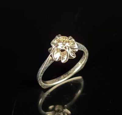 gros plan d'une bague en or et diamants sur une surface noire