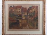 painting of a river scene with a boat and buildings in the background