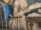 a painting of a woman reading a book at a table