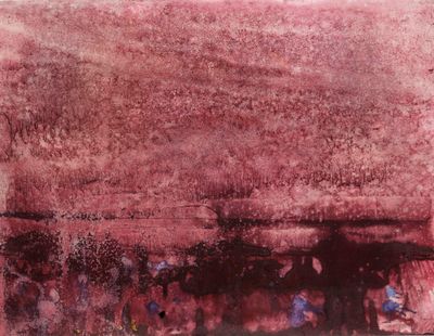 painting of a group of people with umbrellas standing in the rain