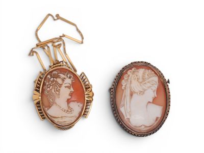 two antique cameos of women and a man are shown on a white surface