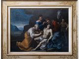 une peinture à l'huile représentant un groupe de personnes, avec un homme allongé par terre