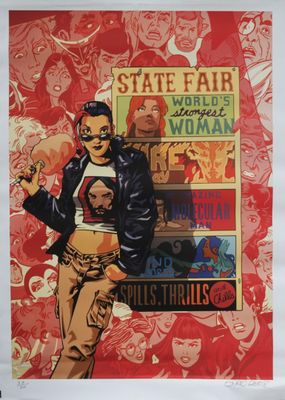 l'affiche de la foire régionale représentant une femme en veste en cuir et un homme en veste en cuir