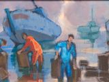 a painting of a group of people standing in front of a boat