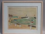 painting of a man walking on the beach with a boat in the background