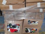 several boxes of assorted items are stacked on top of each other in a warehouse