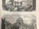 an old book with two pictures of people outside of a church