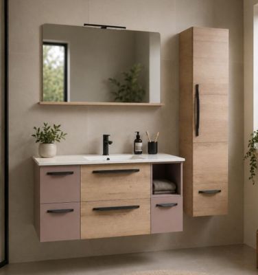 une salle de bains équipée d'un lavabo, d'un miroir, de placards et d'une plante en pot