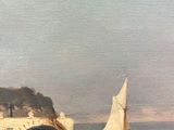 an oil painting of a sailboat on the water with a bridge in the background