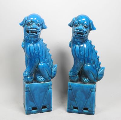 paire de chiens foo foo en faïence bleue, assis sur des boîtes, sur fond blanc
