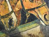a painting of two horses looking out of a window