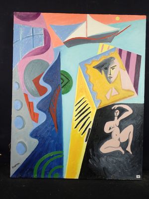 tableau représentant une femme assise sur une chaise devant un tableau représentant un bateau