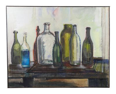 a painting of a group of bottles sitting on a shelf