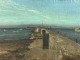 peinture représentant une vue d'une jetée avec un phare au loin