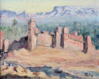 an oil painting of a desert scene with a mountain in the background