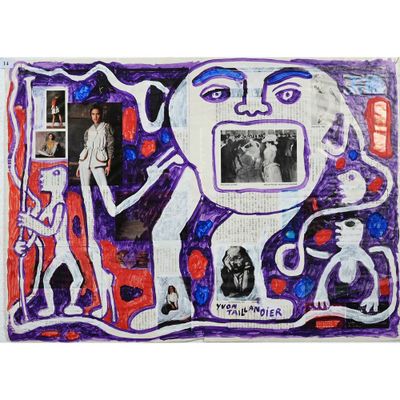 tableau violet et blanc représentant un homme tenant une photo d'une femme et d'un homme