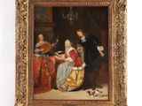 un tableau représentant un homme et une femme jouant d'un instrument dans une pièce