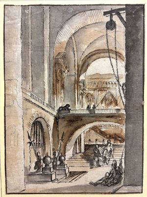 dessin représentant la façade d'un bâtiment avec un escalier et une horloge