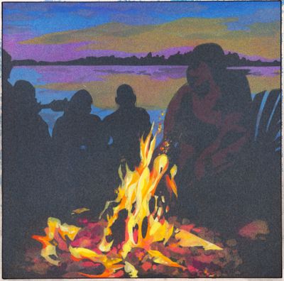 un tableau représentant un groupe de personnes assises autour d'un feu de camp
