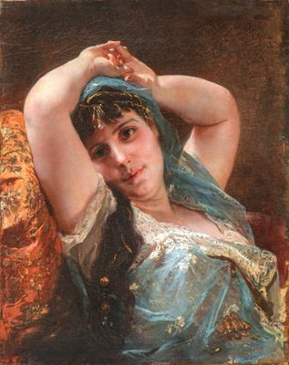 une image d'un tableau représentant une femme en robe bleue