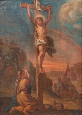 an old painting of jesus on the cross with a woman kneeling next to him