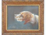 painting of a dog in a frame on a white background