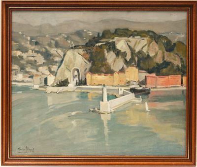 an oil painting of a boat in a body of water with a mountain in the background