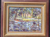 peinture d'un bateau sur une rivière avec des arbres en arrière-plan