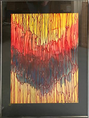 painting of a red and yellow painting with dripping paint on it