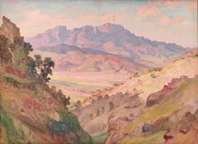 une peinture à l'huile représentant un paysage de montagne avec une vallée au premier plan