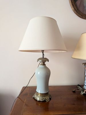 two lamps that are on a table in a room