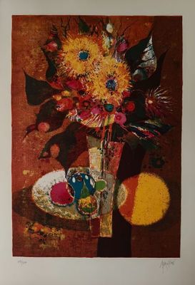 a picture of a painting of flowers in a vase on a table