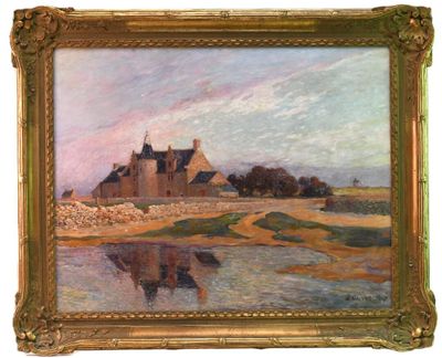 an image of a painting of a house near a body of water