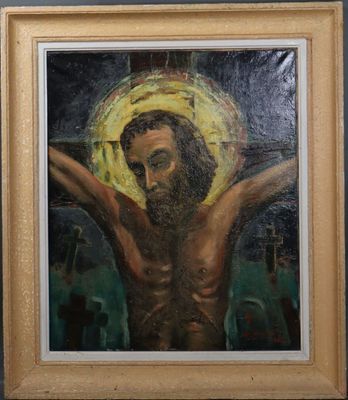 une peinture à l'huile représentant Jésus sur la croix, dans un cadre en bois