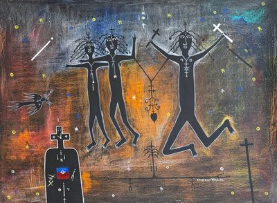 une peinture sur le mur d'un immeuble représentant trois personnes