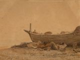 un dessin représentant un bateau posé sur la plage