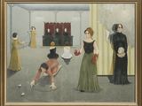 un tableau représentant une femme en train de jouer au golf