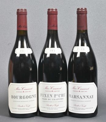 three bottles of red wine are lined up on a table