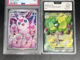 Deux cartes Pokémon sont rangées dans des pochettes en plastique posées sur une table.