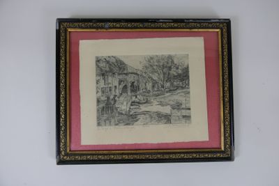 dessin encadré représentant une maison avec un jardin au premier plan