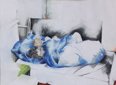 un dessin représentant un chat endormi sur un lit