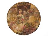 tableau représentant une femme regardant par la fenêtre, un panier de fleurs à la main