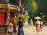 une peinture de personnes marchant dans la rue avec des parapluies