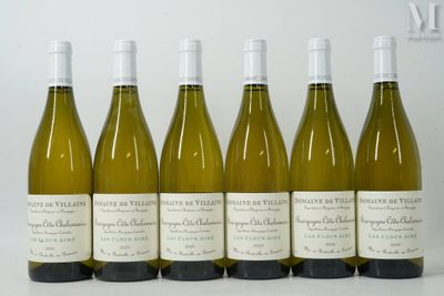 six bottles of white wine lined up in a row on a table