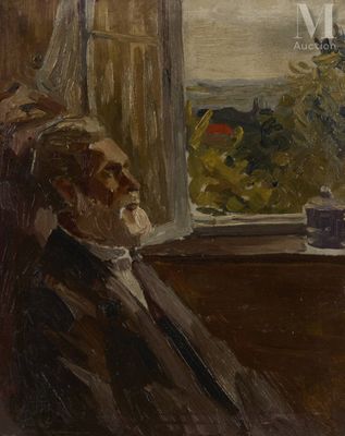 painting of a man sitting in a chair looking out of a window