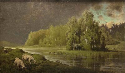 un tableau représentant des moutons paissant dans l'herbe au bord de l'eau